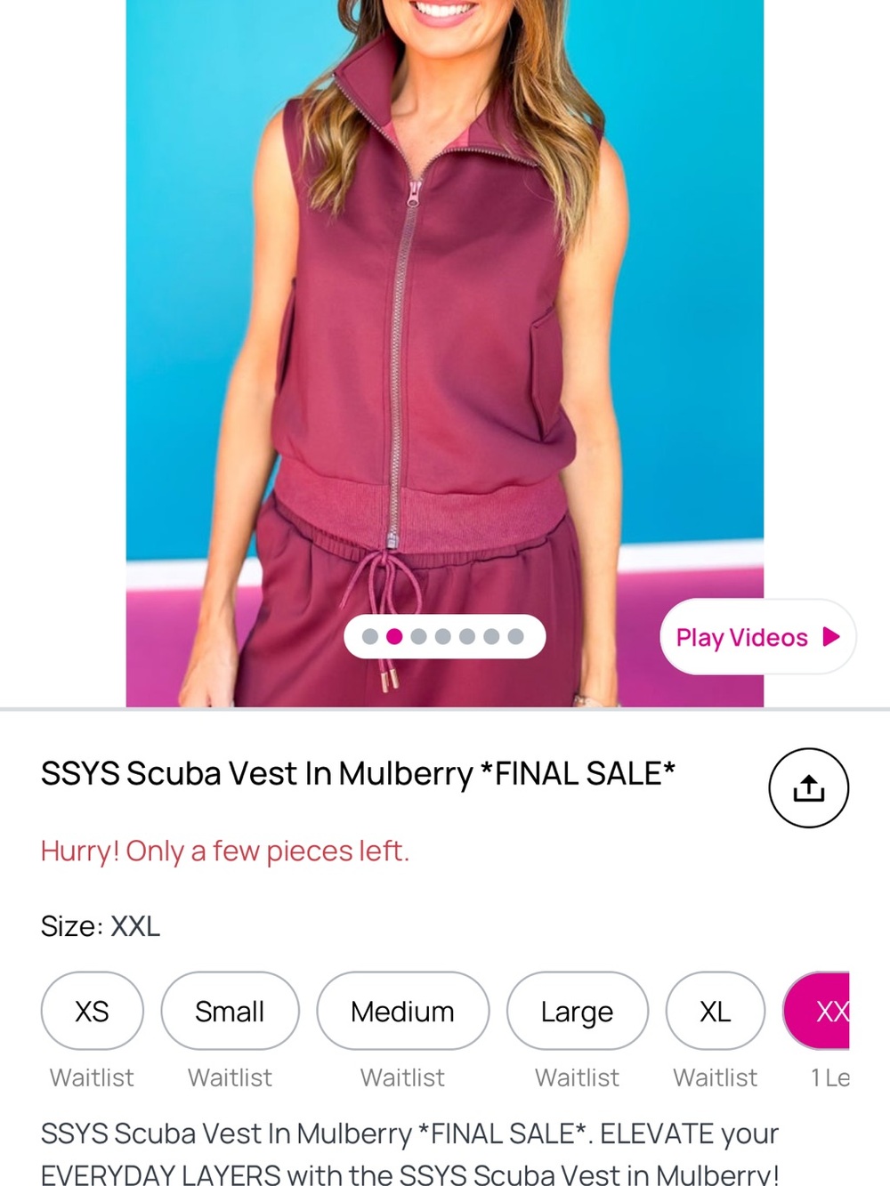 SSYS Scuba Vest in Mulberry - Sleeveless Zip Front Vest